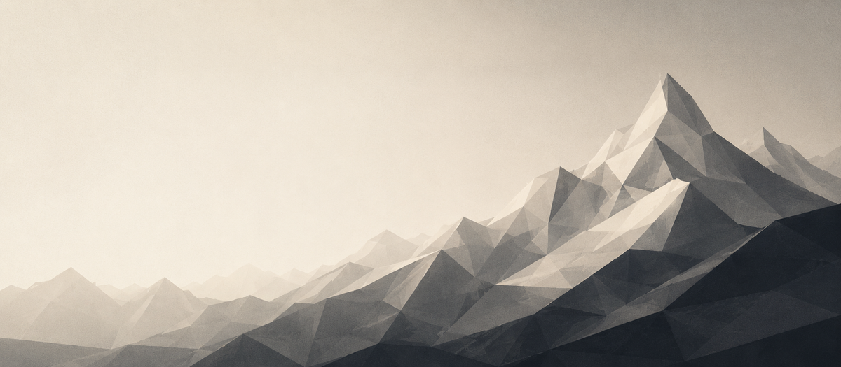 Abstract low-poly mountain landscape artwork in grayscale, with layered angular peaks fading into a misty light background.