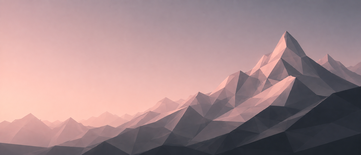 Low-poly geometric mountain landscape artwork in soft pink, mauve, and dark charcoal tones, with layered jagged peaks fading into mist.