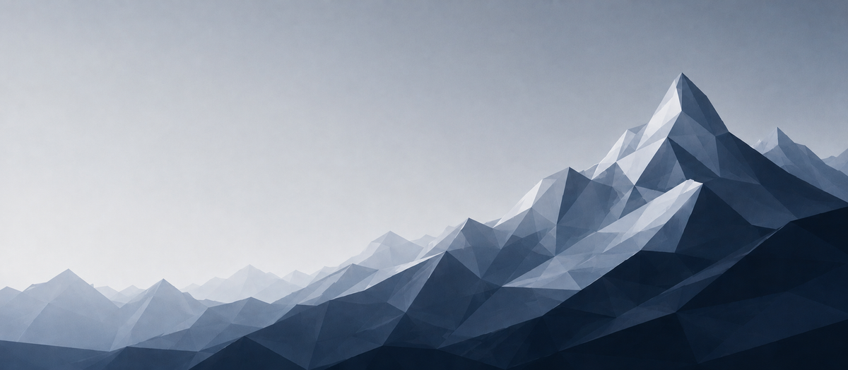 Abstract low-poly mountain landscape artwork with layered angular peaks in shades of blue, navy, and gray against a pale sky.